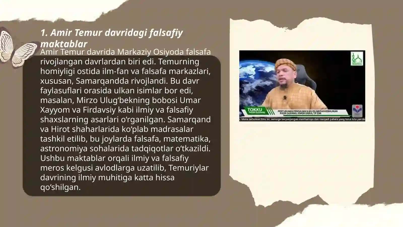 Markaziy Osiyoda Amir Temur davridagi falsafiy qarashlar. J.Lokkning tabiiy qarashlari va uning yevropa ilm-faniga ta'siri Ibn Rushd va sharq falsafasi.Zamonaviy ĝarb falsafasida kosmopolitizm ĝoyalari tahlili 3
