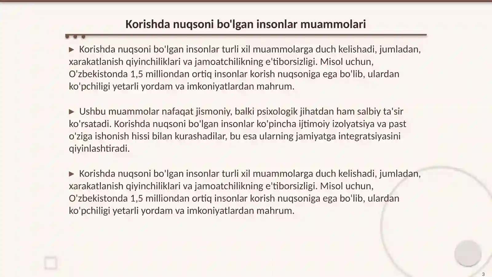 Korishda nuqsoni bolgan insonlarni xarakatlanishi uchun tosiqsiz muxit yaratish 3