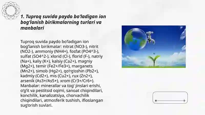Tuproq suvining ifloslanishidan ion boglanish birikmalarini aniqlab ulardan tozalash goyasini ishlab chiqarish 3