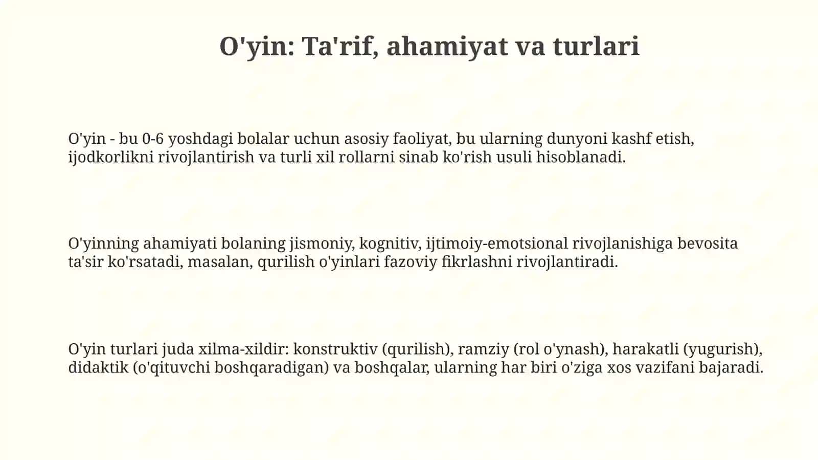 Oʻyin ilk va maktabgacha yoshgacha boʻlgan bolalar hayotida yetakchi faoliyat sifatida 3