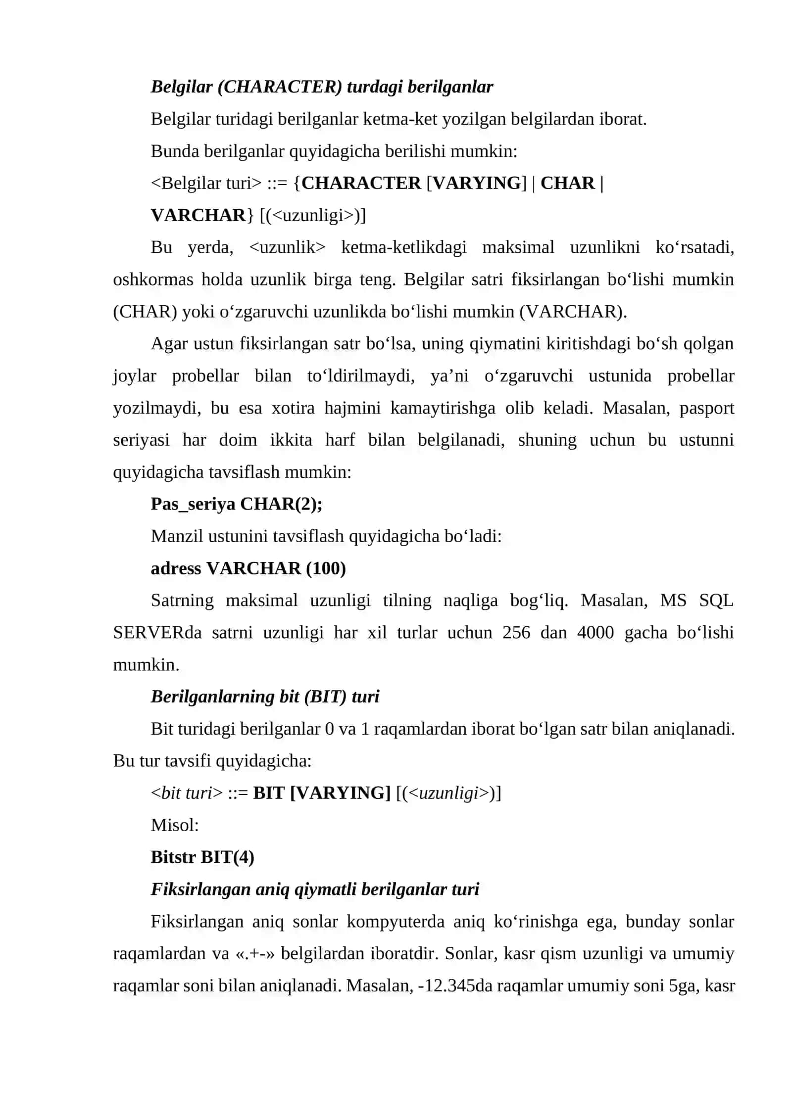 SQL DA MA’LUMOTLARNING TIPLARI. SQL SO`ROVLAR TILI SINTAKSISI 3