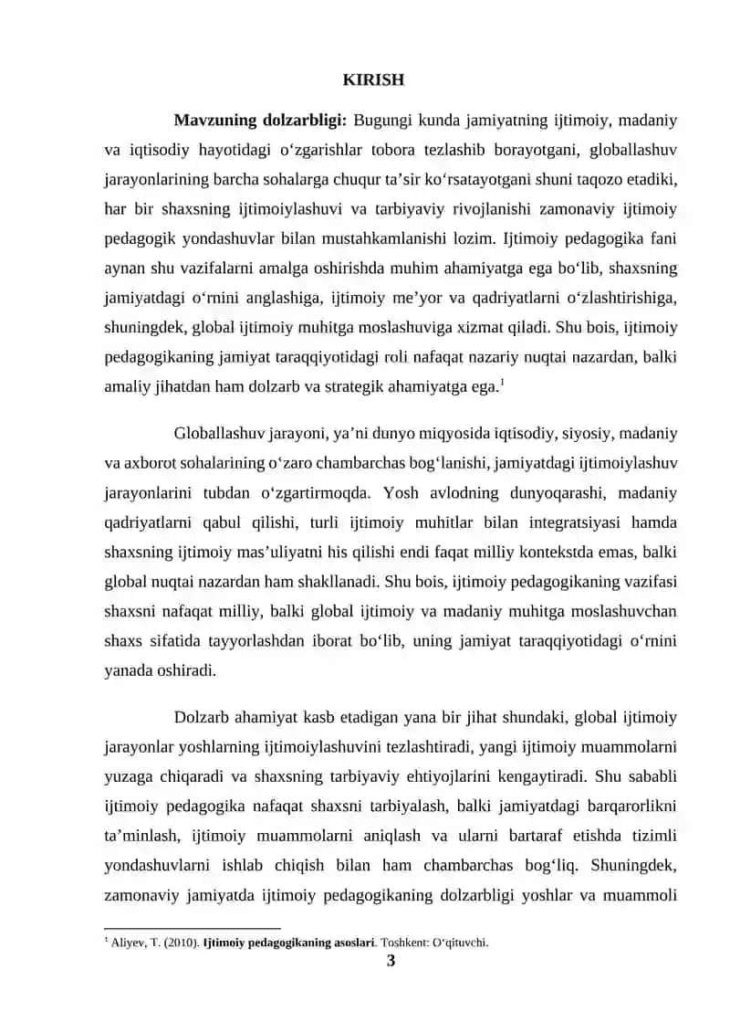 Ijtimoiy pedagogikaning jamiyat taraqqiyotida tutgan o'rni va roli. Jamiyatda ijtimoiylashuv jarayonining globallashuvi (KURS ISHI) 3