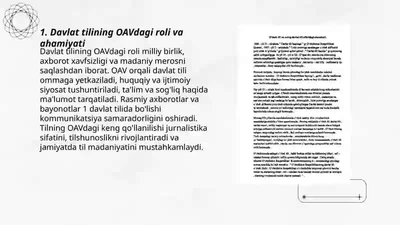 Davlat tilining OAV dagi ahamiyati,omma orasida qõllanishi darajasi,ish yuritadigan õrnini tahlil qilish 3