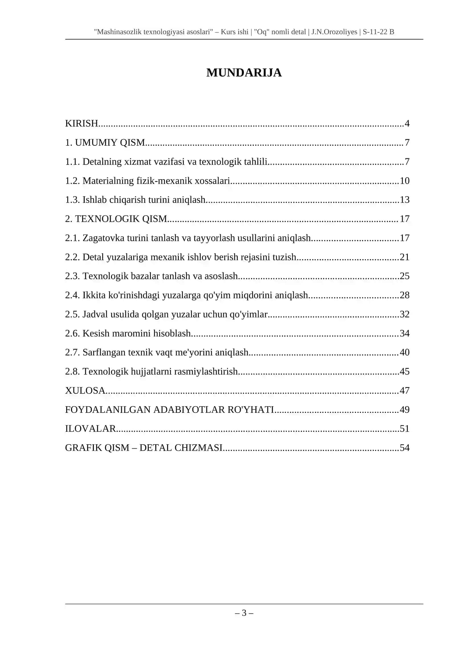 "Mashinasozlik texnologiyasi asoslari" – Kurs ishi 3