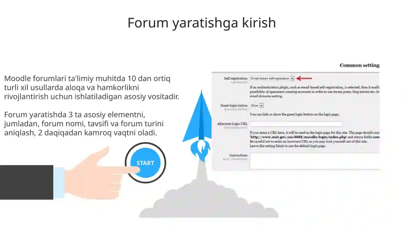 Moodle forumlari ta'limiy muhitda 10 dan ortiq turli xil usullarda aloqa va hamkorlikni rivojlantirish uchun ishlatiladigan asosiy vositadir 3