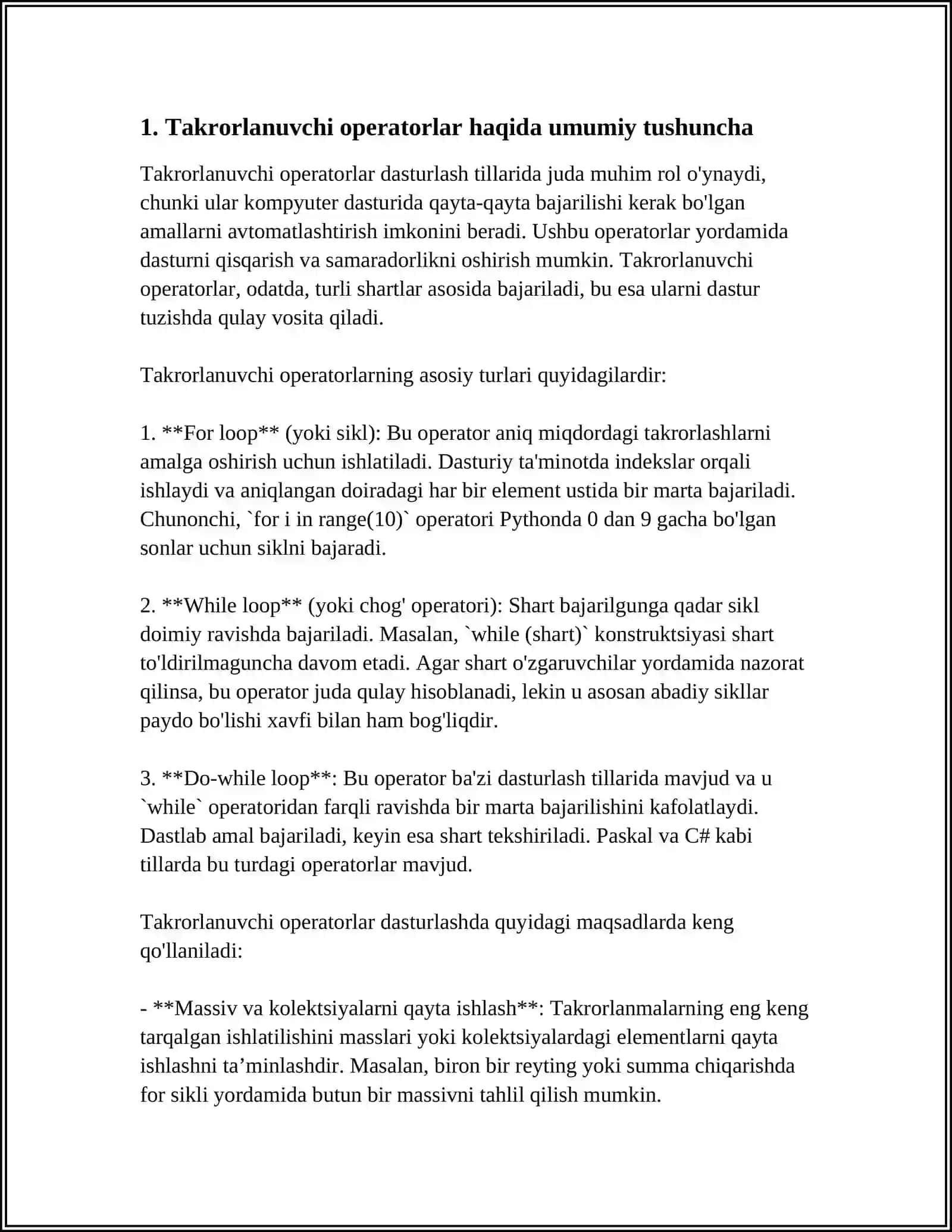 TAKRORLANUVCHI OPERATORLAR, BREAK, CONTINUE OPERATORLARI VA ULAR YORDAMIDA DASTURLAR TUZISH 3