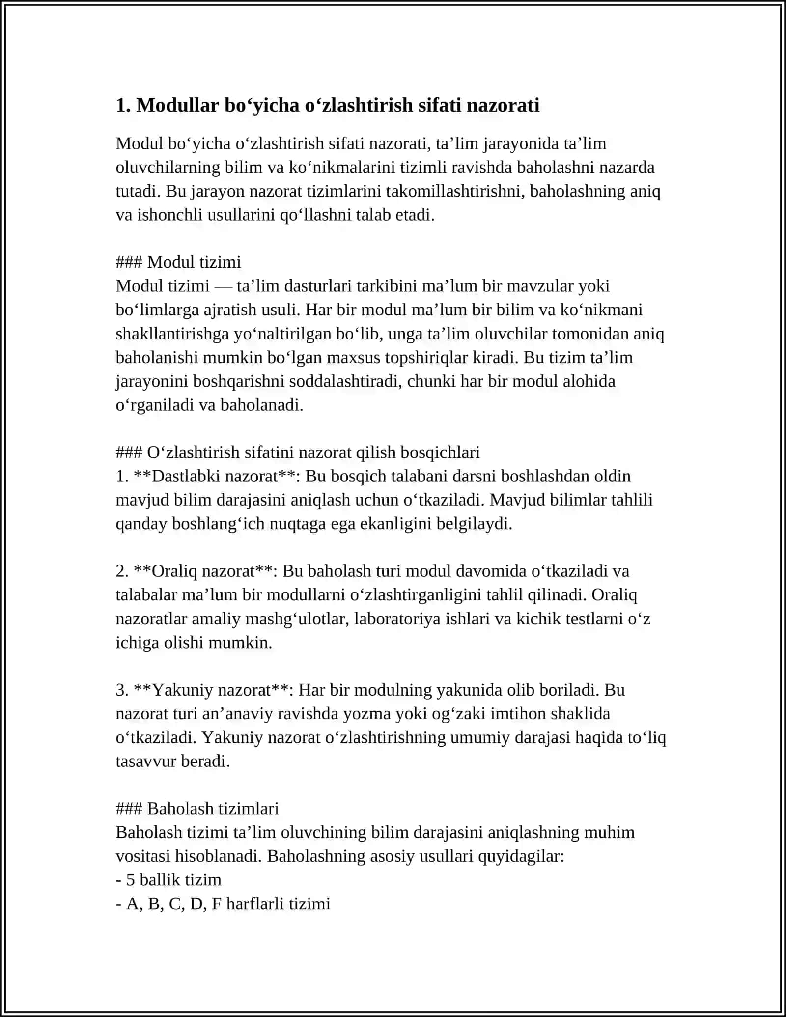 MODUL BOʻYICHA OʻZLASHTIRISH SIFATINI BAHOLASH VA OʻQUV JARAYONINI REJALASHTIRISH,MONITORING OLIB BORISH VA TAʼLIM SIFATINI TAʼMINLASH, TALABALAR BILIMINI BAHOLASH VA NAZORAT QILISH 3