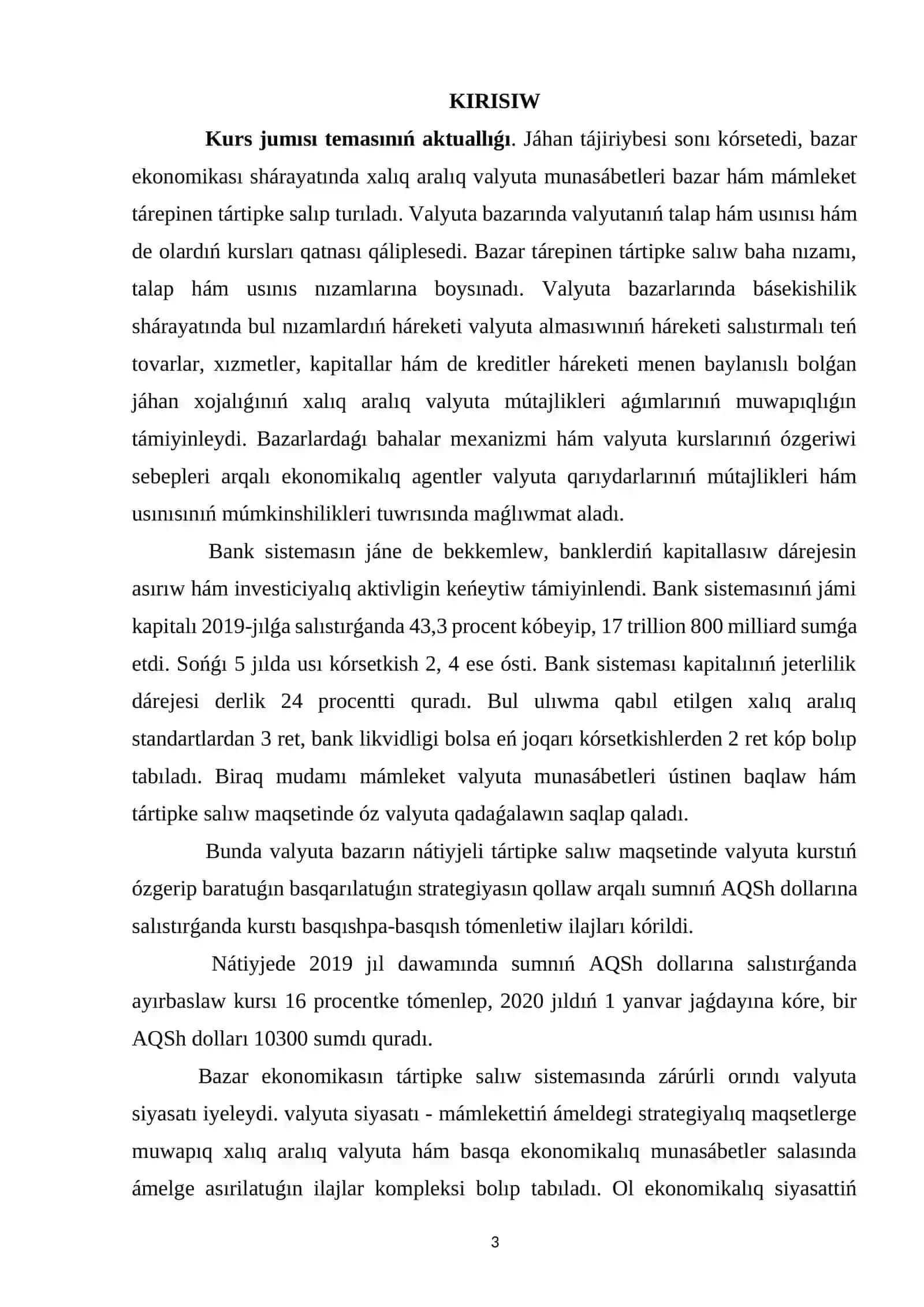 JÁHAN EKONOMIKASÍ HÁM XALQARALÍQ EKONOMIKALÍQ BAYLANÍSLAR PÁNINEN JAZǴAN KURS JUMÍSÍ 3