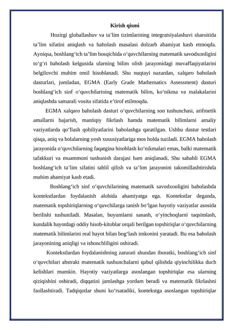 EGMA xalqaro baxolash tizimi dasturida kontekstlar mavzusiga referat 3