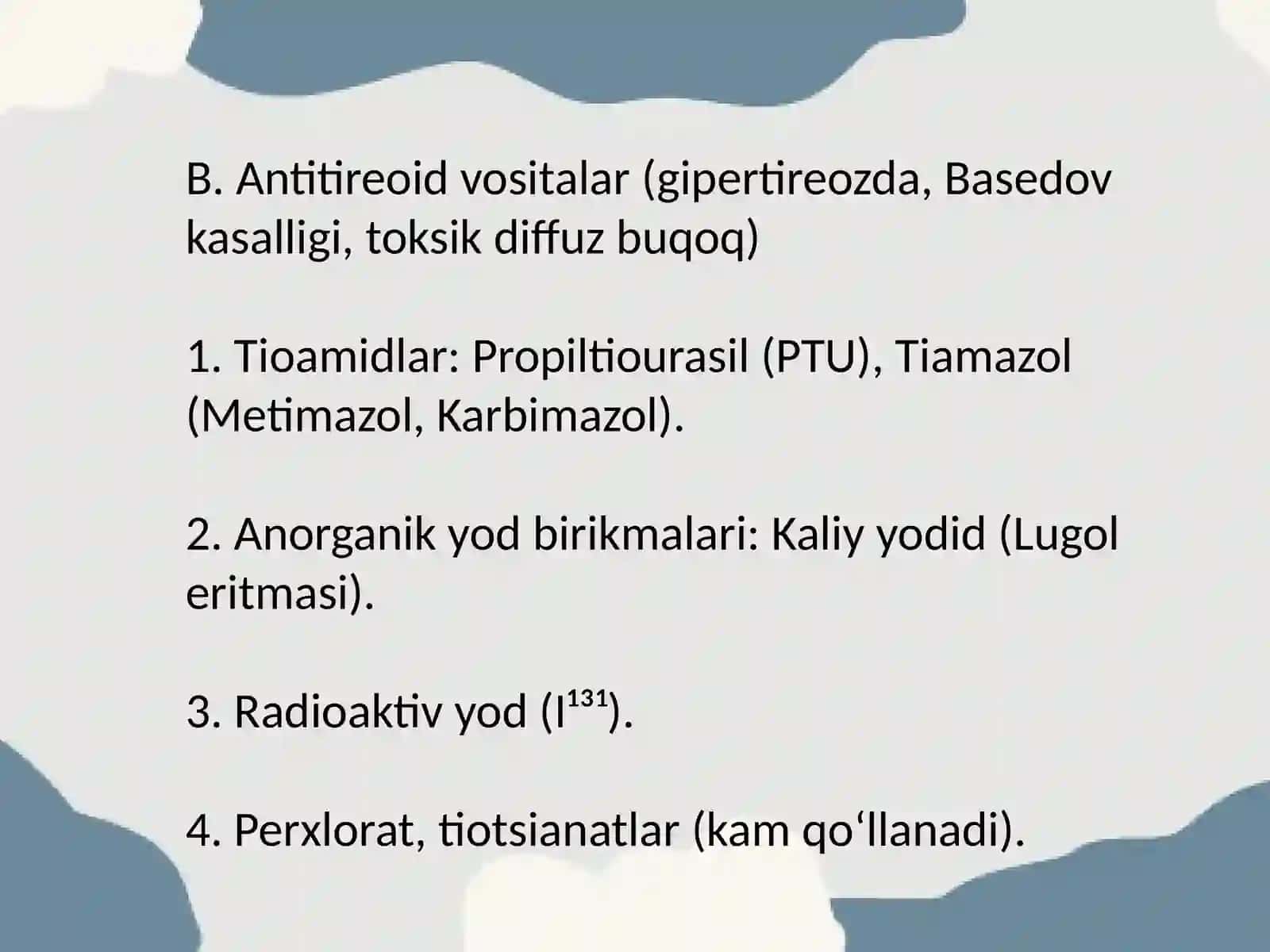 Qalqonsimon bez kasalliklarida ishlatiladigan dori vositalari klinik farmakologiyasi 3