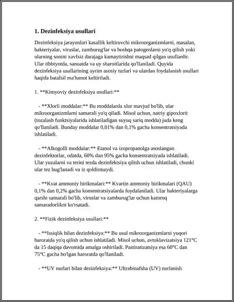 DEZINFEKSIYA TASNIFI. DEZINFEKSIYA TURLARI. ASBOB-ANJOMLAR DEZINFEKSIYASI 3