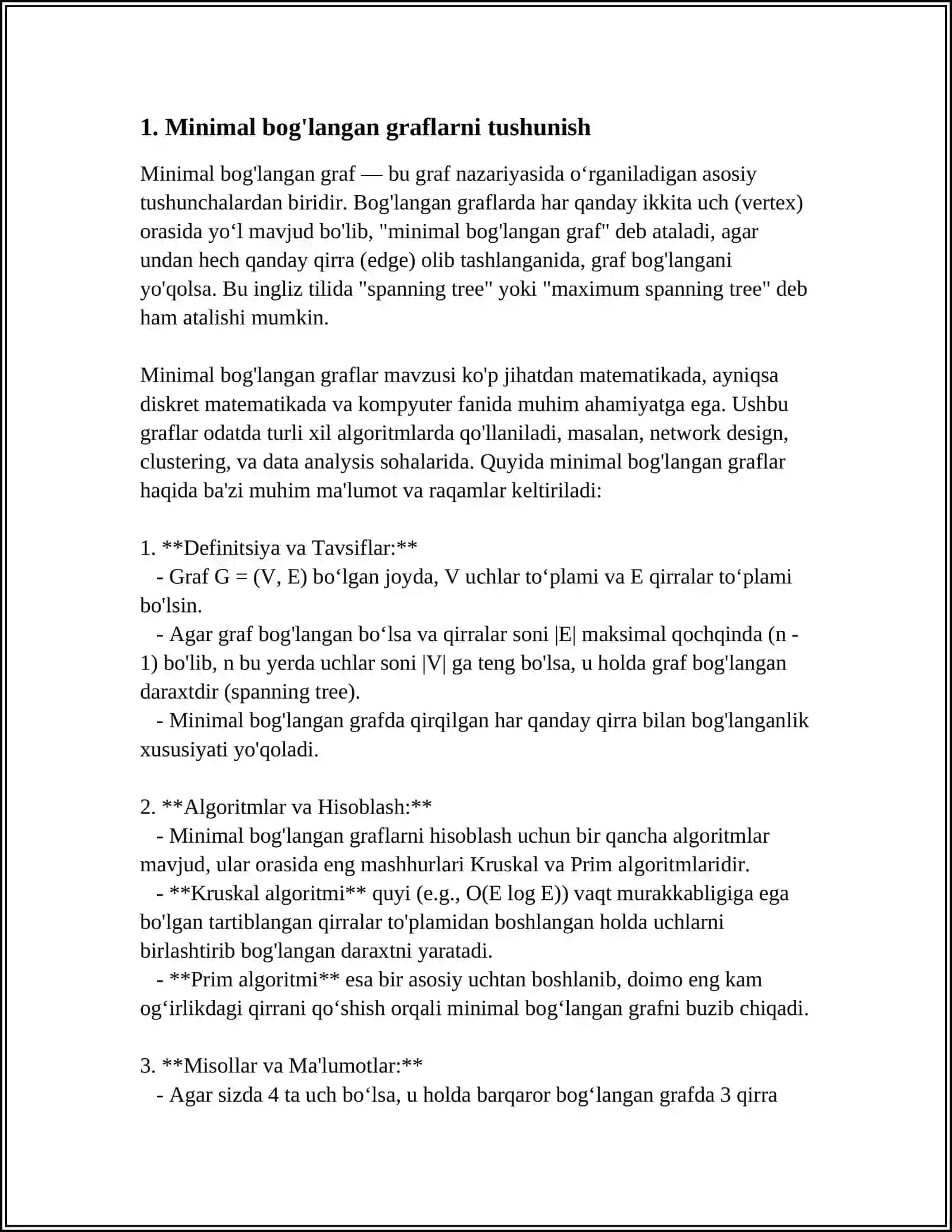 GRAFLARNI ENG ARZON TAYANCH DARAXTINI QURISHDA KRUSKAL XASIS ALGORITMI 3