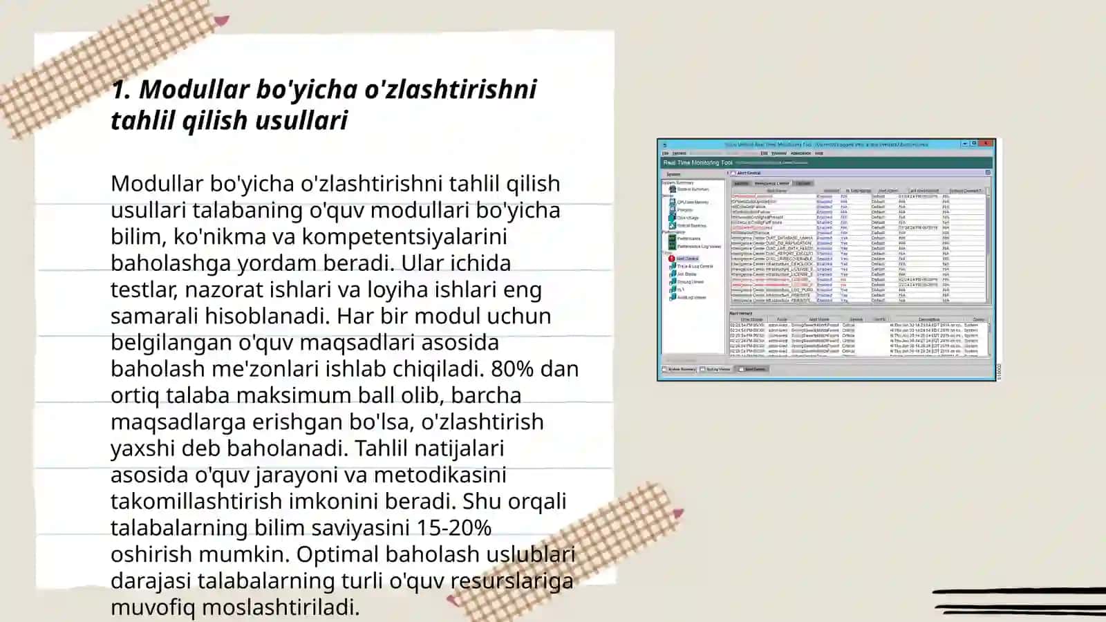 Modul bo'yicha o'zlashtirish sifatini baholash va o'quv jarayonini rejalashtirish,monitoring olib borish va talim sifatini taminlash,talabalar bilimini baholash va nazorat qilish 3