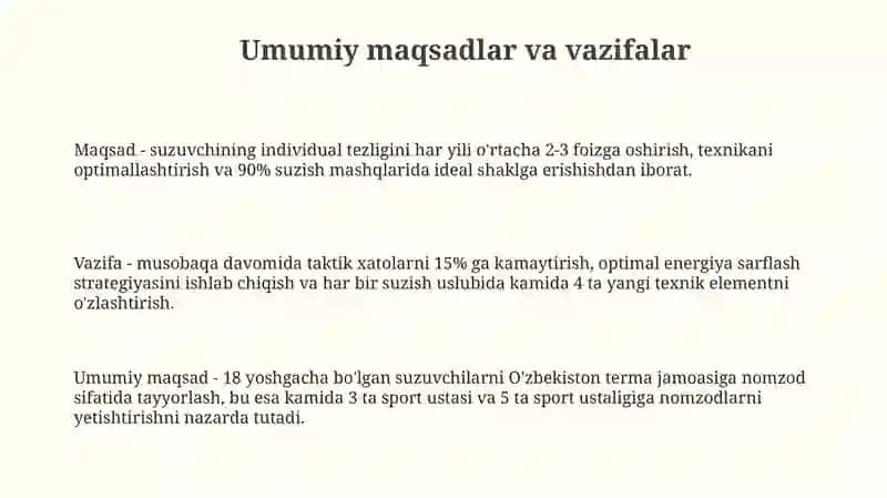 Sport mahoratini takomillashtirish bosqichida mashg‘ulotlarni tashkil etish (suzish). 3