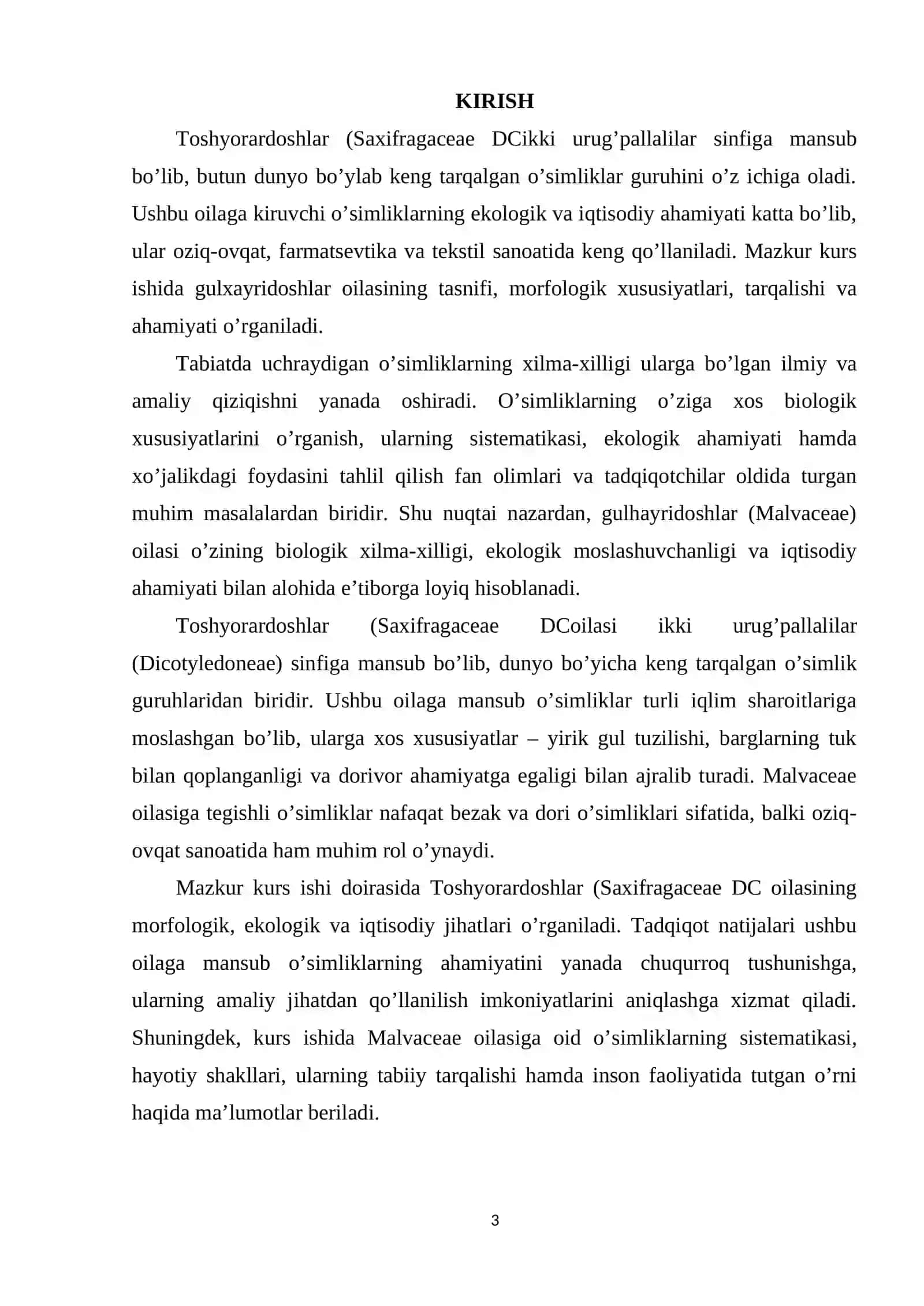 Toshyorardoshlar (Saxifragaceae DCoilasi MAVZUSIDA KURS ISHI 3