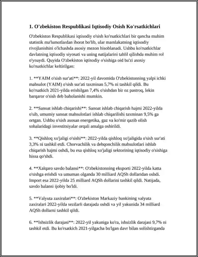 O'ZBEKISTON RESPUBLIKASI Iqtisodiy Osish Ko'rsatkichlari 3