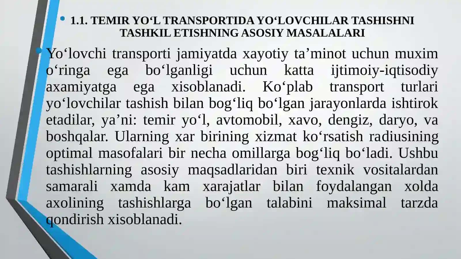 TEMIR YO‘L TRANSPORTIDA YO‘LOVCHILAR TASHISHNI TASHKIL ETISHNING ASOSIY MASALALARI 3