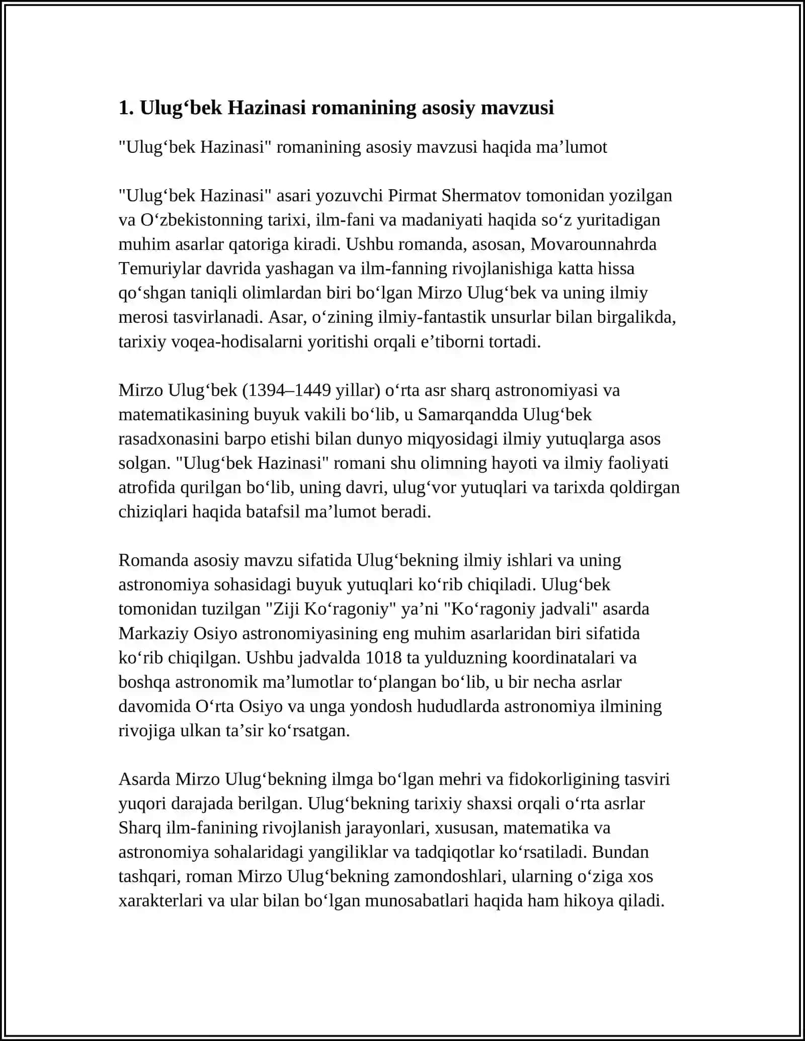 "ULUGʻBEK XAZINASI " ROMANI BOʻYICHA REFERAT TAYYORLASH 3