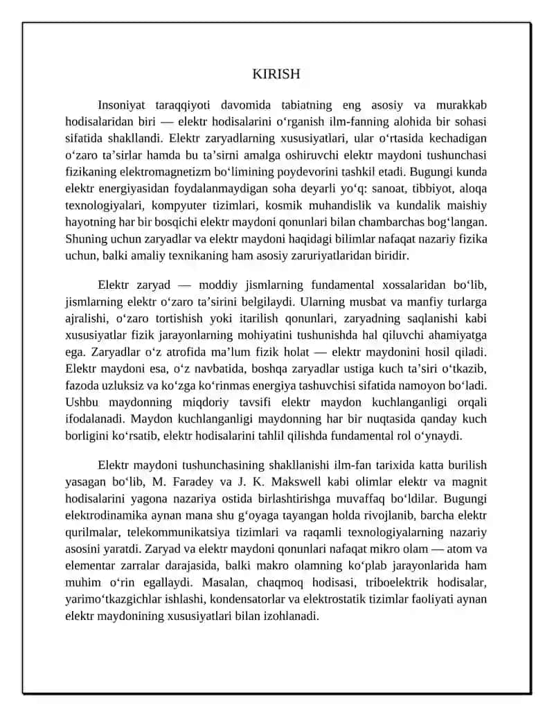 ZARYAD VA ZARYADLARNING ELEKTR MAYDONI. MAYDON KUCHLANGANLIGI 3