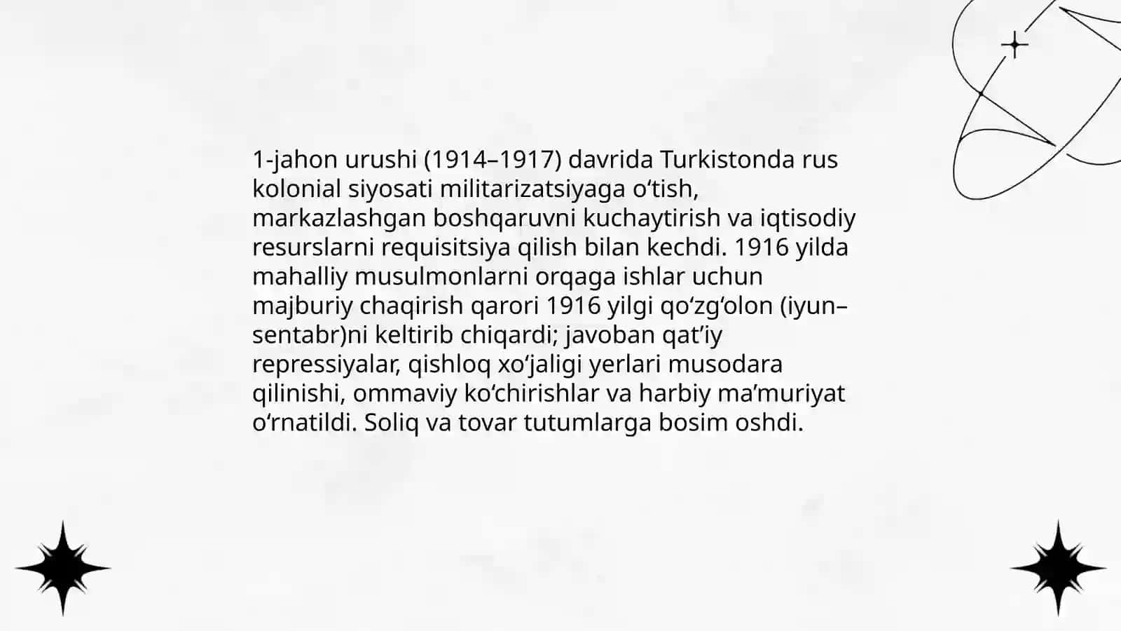 Turkiston 20 asr boshlarida (1900-1917-yillar)1-jahon urishi yillarida Normengliyev Samandar 123-guruh 3