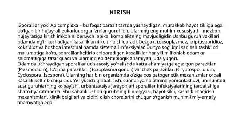 Kirish. Sporalilar-odam parazitlari 3
