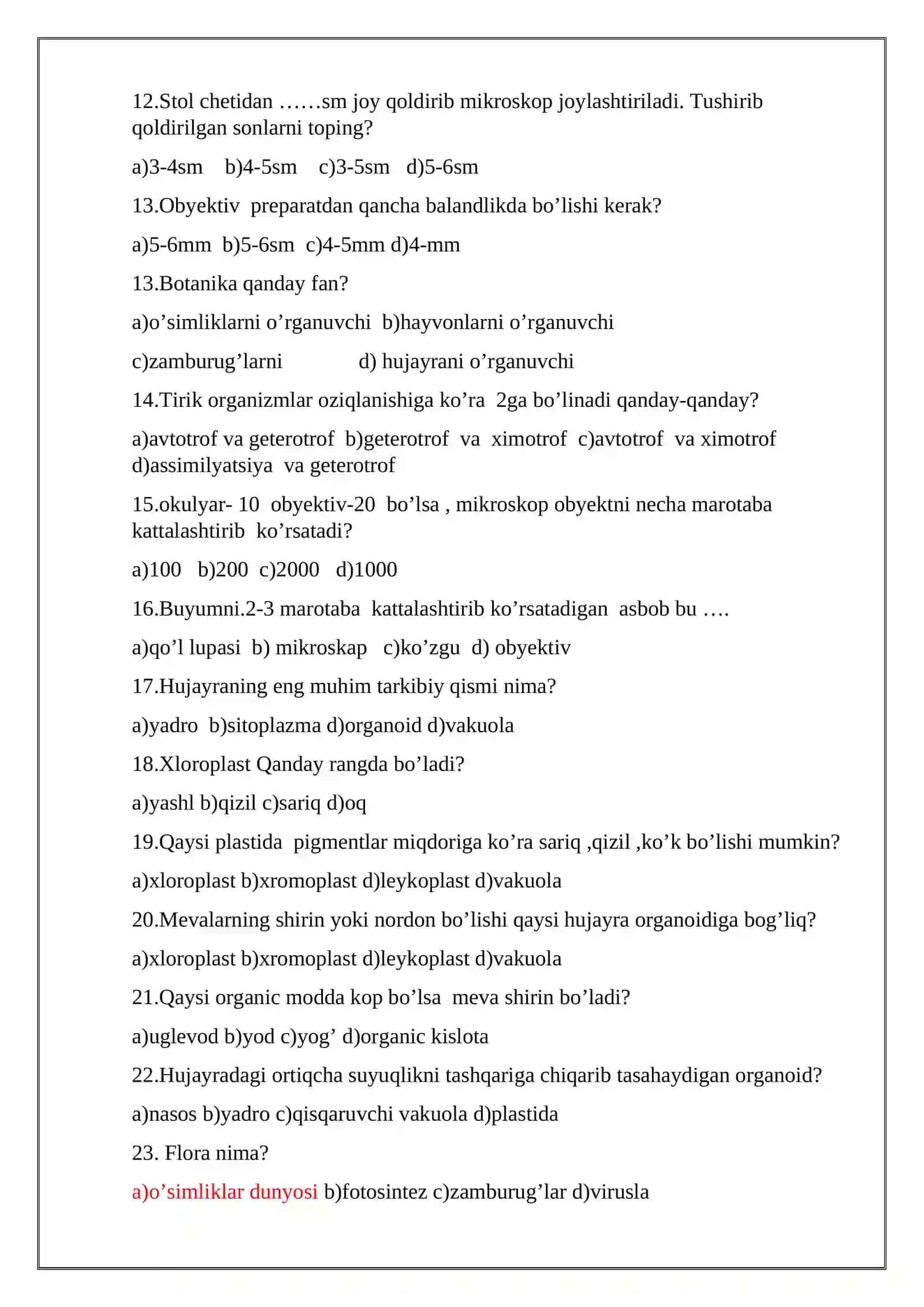 5-sinflar uchun biologiya fanidan TEST SAVOLLARI 3