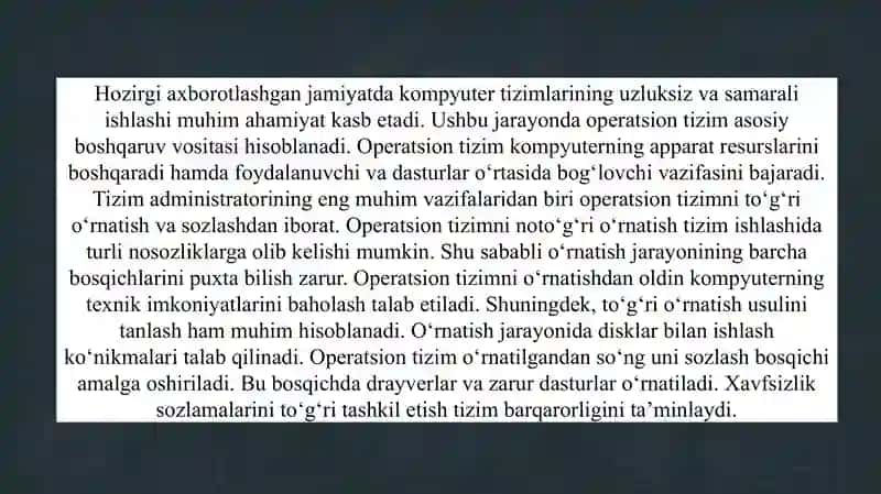 Operatsion tizimni o‘rnatish va sozlash bosqichlari                  Operatsion tizimni o‘rnatish va sozlash bosqichlari 3