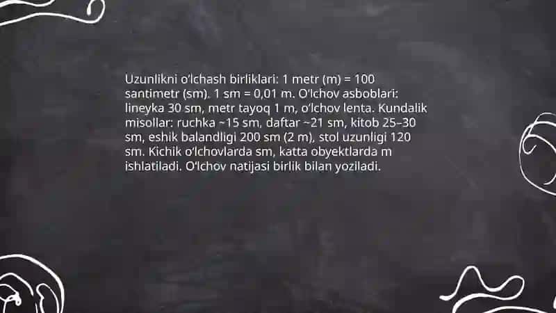 Boshlangʻich sinflarda oʻrganiladigan asosiy miqdorlar: uzunlik, masofa, narx, baho, vaqt, masofa, tezlik 3