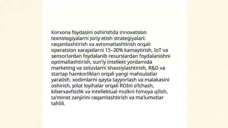 Korxona foydasini oshirishda innovatsion texnologiyalarni joriy etish strategiyalari 3