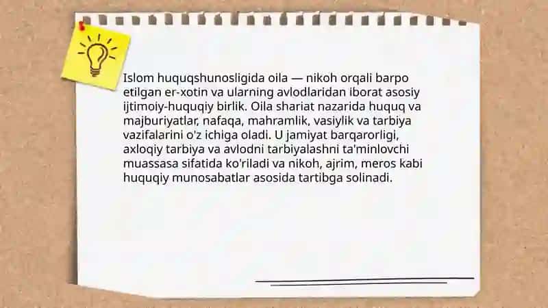 Islom huquqshunosligida oila, nikoh, taloq, idda, zihor tushunchalarini ta'riflash 3