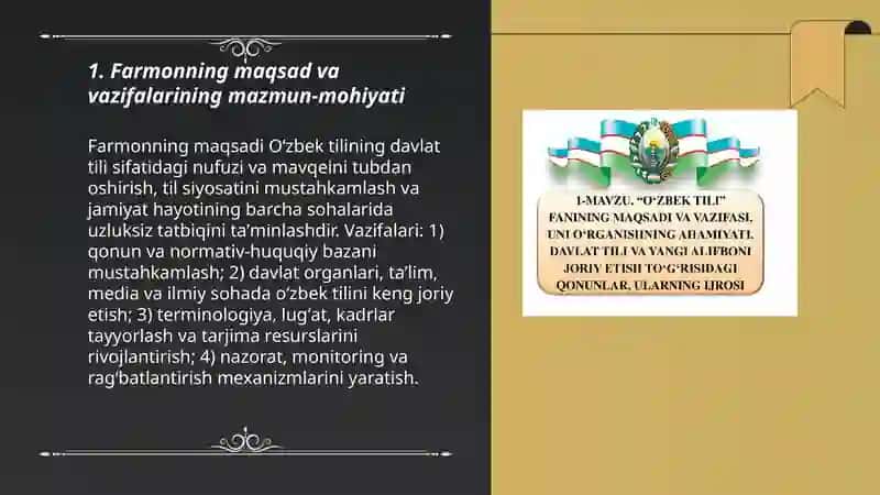 O'zbekiston Respublikasi Prezidentining davlat tili sifatidagi nufuzi va mavqeini tubdan oshirish chora- "O'zbek tilining tadbirlari toʻgʻrisida"gi Farmoni mazmun-mohiyati 3