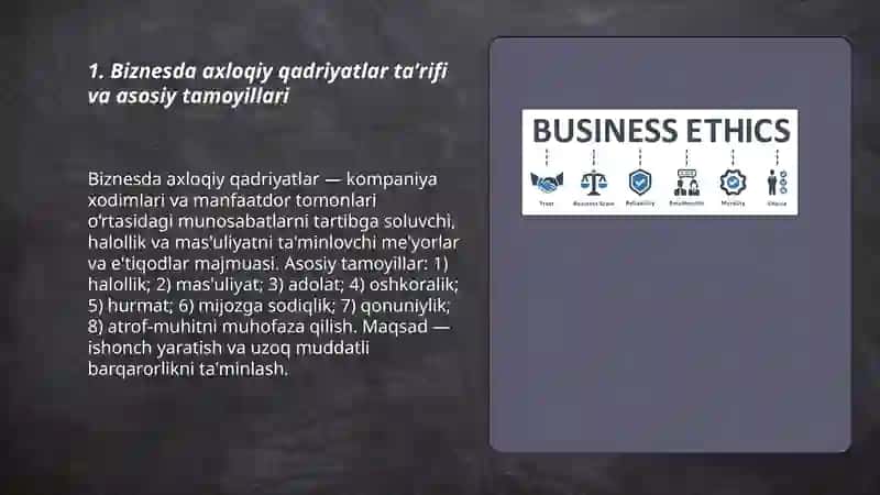 Biznesda axloqiy qadriyatlar va ularning o‘rni by Fayziyev Izzatillo 3