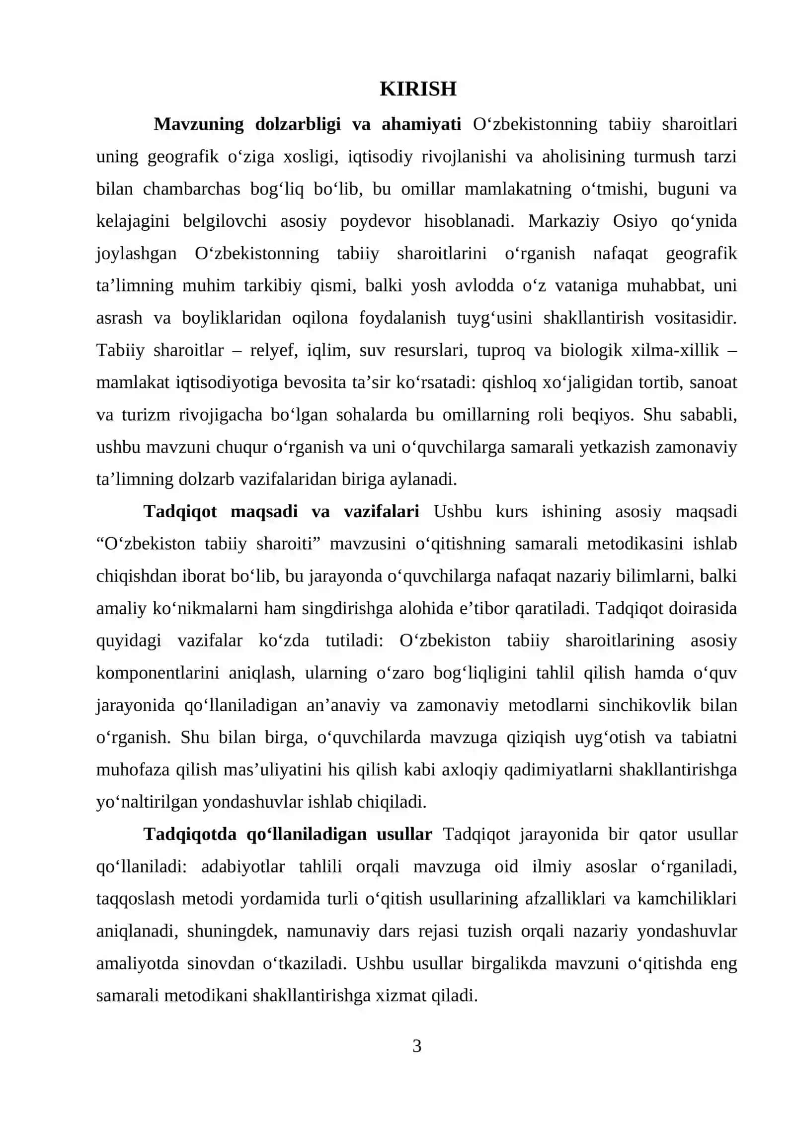O‘zbekiston tabiiy sharoiti fani bo’yicha 3