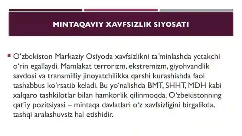Oʻzbekistonning Markaziy Osiyoda tinchlik va barqarorlikni taʼminlashdagi oʻrni 3