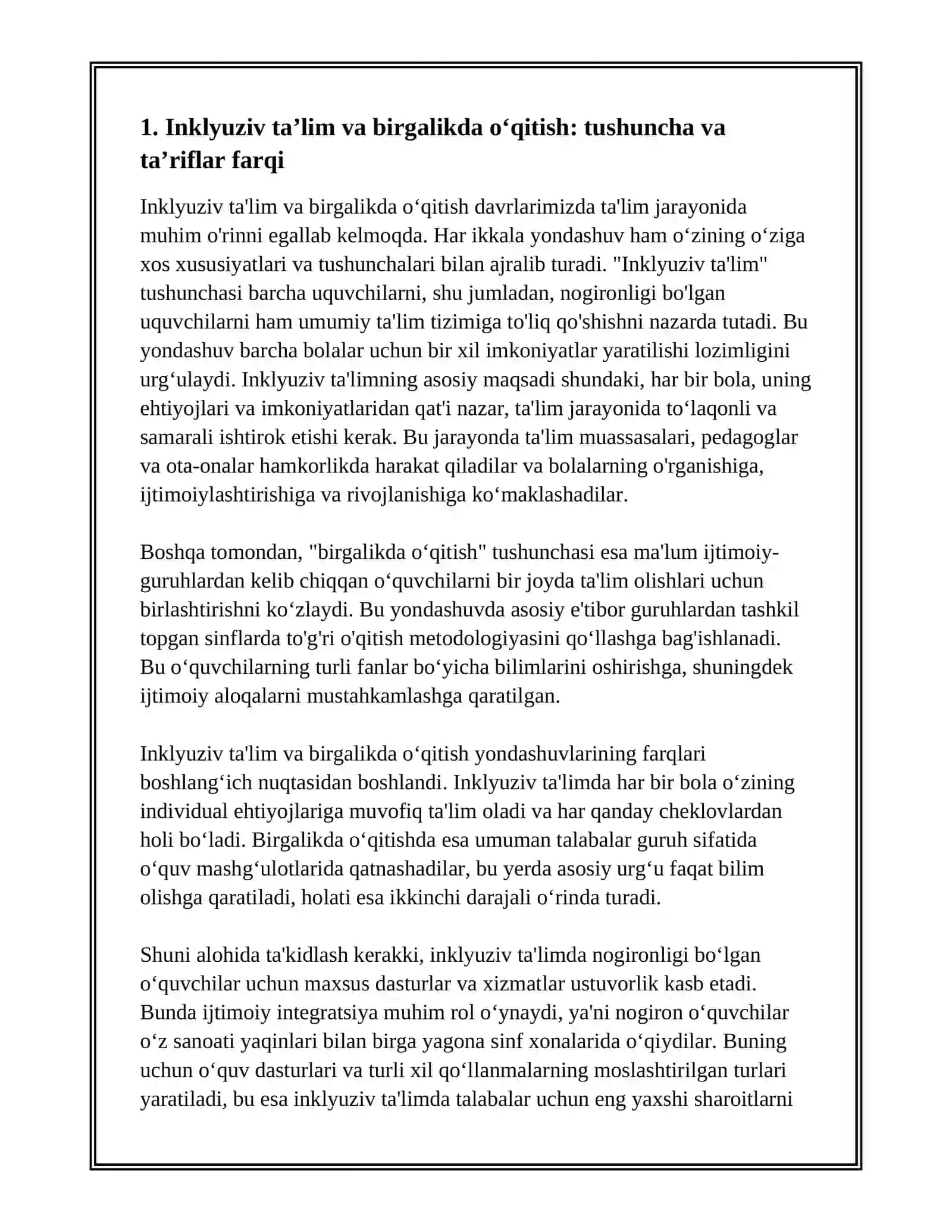 INKLYUZIV VA BIRGALIKDA O'QITISH: ULARNING ASOSIY FARQLARINI ASOSLASH 3