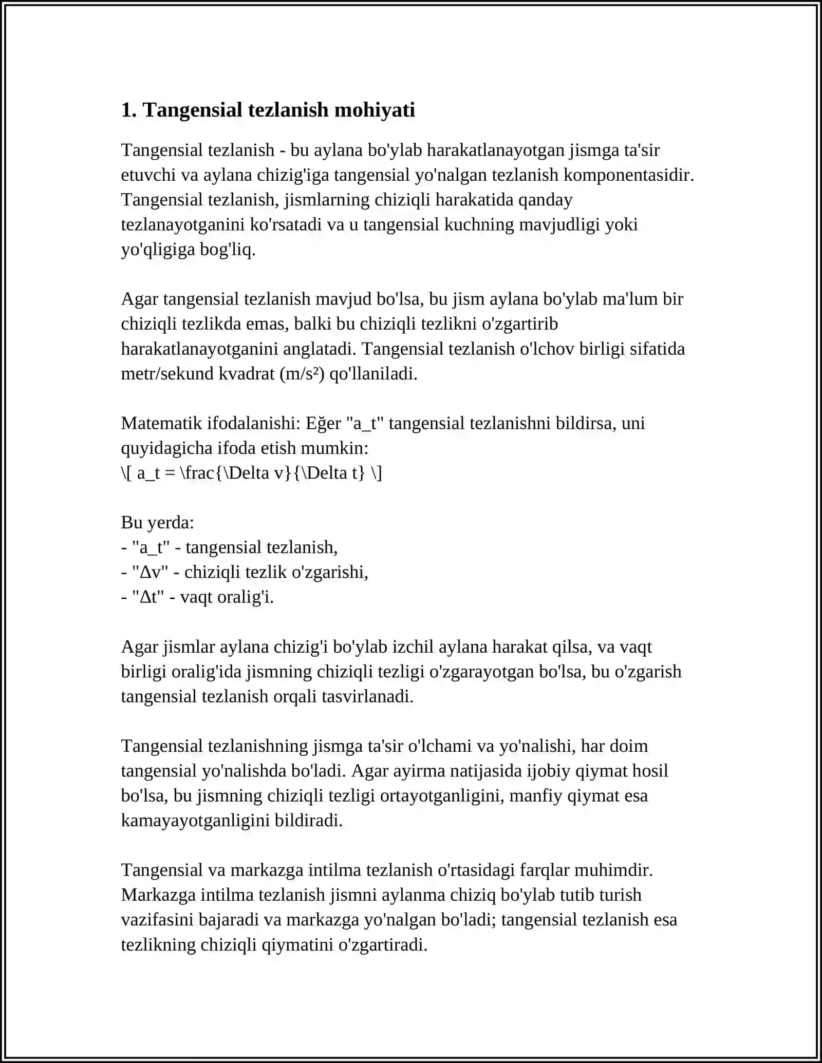 MODDIY NUQTANING EGRI CHIZIQLI HARAKATIDAGI TANGENSIAL, NORMAL VA TO'LA TEZLANISHLARI 3