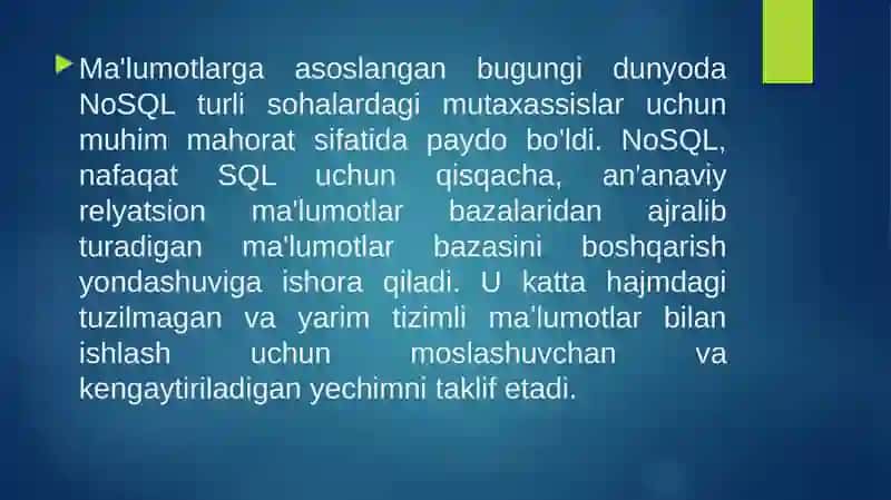 NoSQL malumotlar bazalari hamda katta hajimdagi ma'lumotlarni saqlash va ulardan foydalanish 3