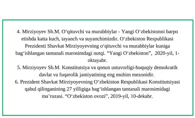 Mirziyoyev Sh.M. Niyati ulug‘ xalqning ishi ham ulug‘, hayoti yorug‘ va kelajagi farovon bo‘ladi. 3-jild. T., O‘zbekiston, 2019. 3
