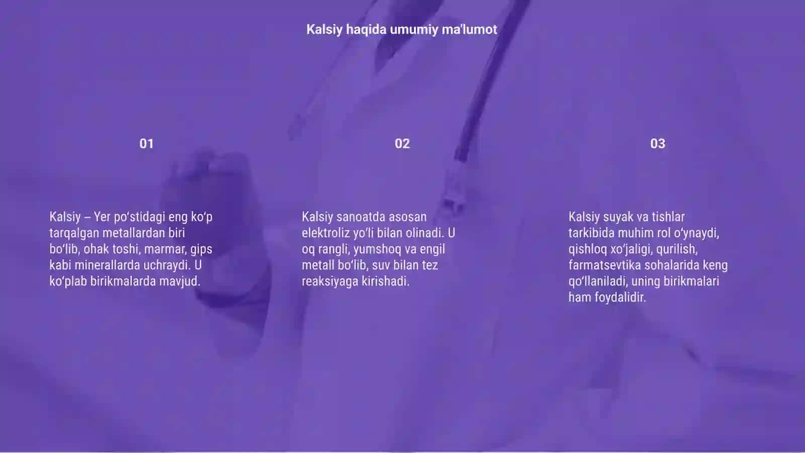 Kalsiyning tabiatda uchrashi, olinishi, fizik-kimyoviy xossalari va ishlatilishi 3