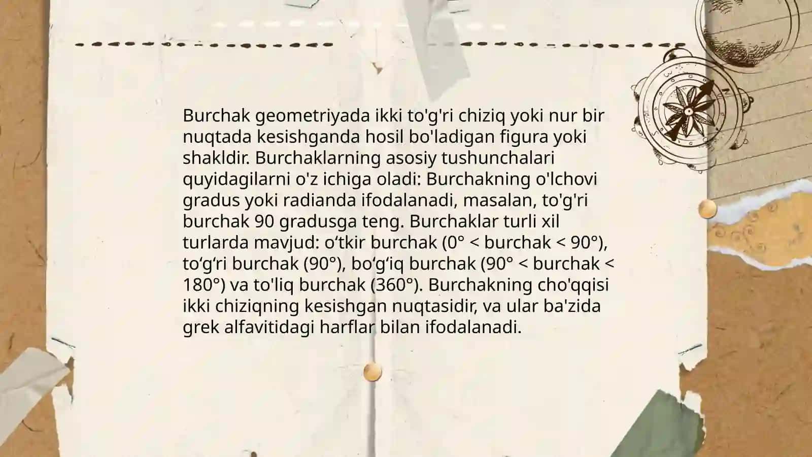 Burchak òlchashni òrganish va burchak turlari 3