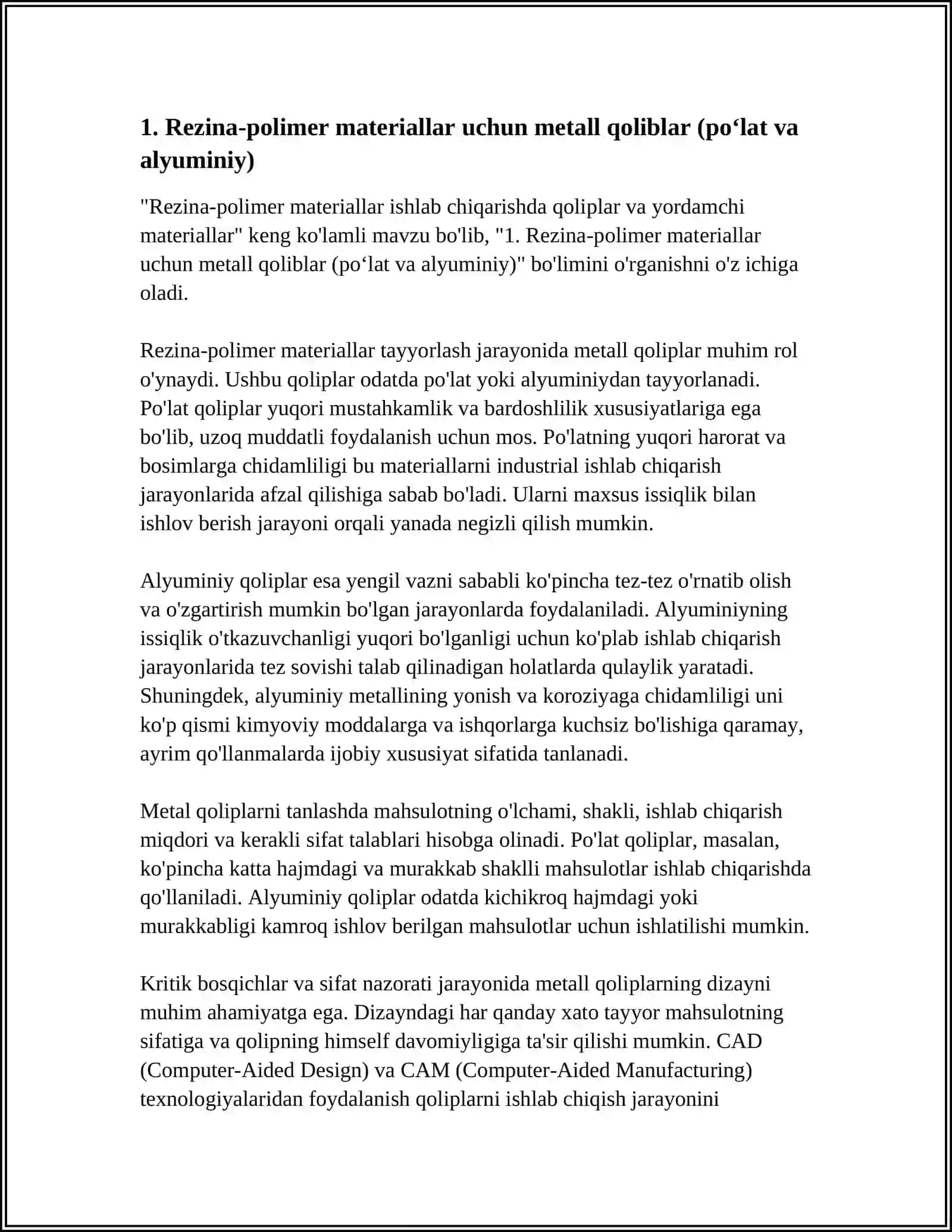 REZINA-POLIMER MATERIALLAR ISHLAB CHIQARISHDA QO’LLANILADIGAN QOLIBLAR VA YORDAMCHI MATERIALLAR 3