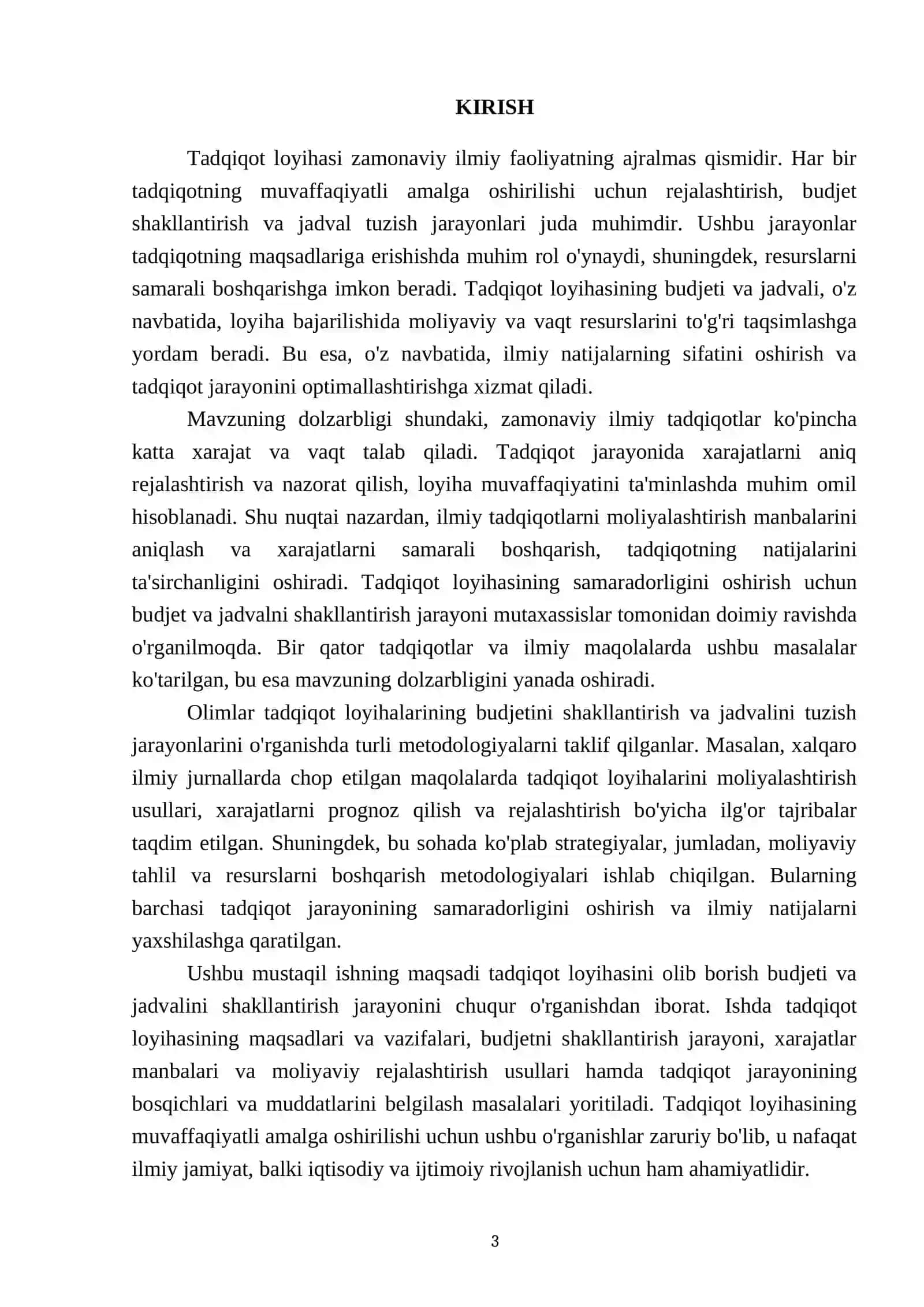 Tadqiqot loyihasini olib boorish budjeti va jadvalini shakllantirish 3