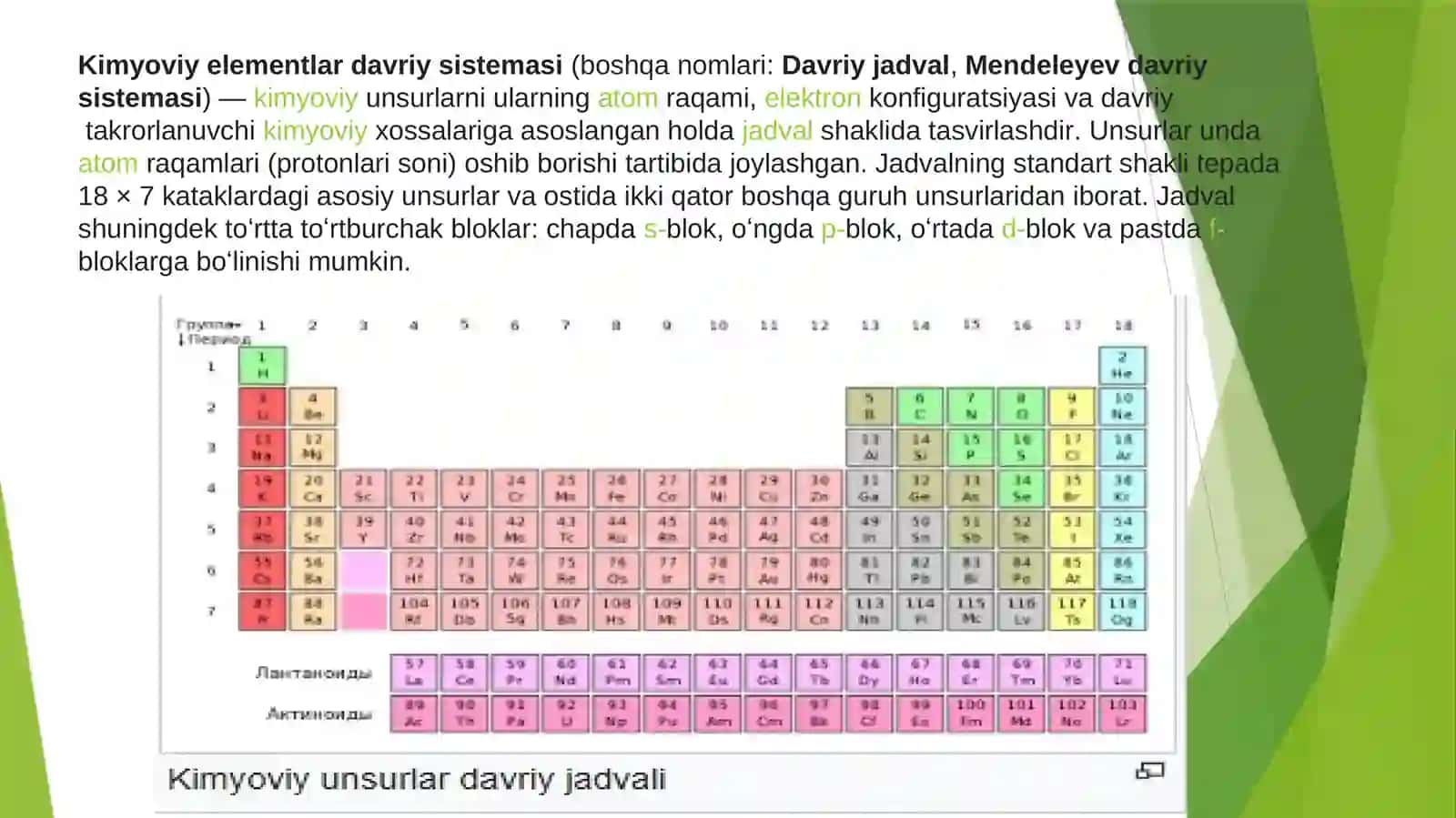 Tibbiyotda axborot texnologiyalari fanidan “Kimyo: Mendeleyev davriy jadvali haqida ma’lumot 3