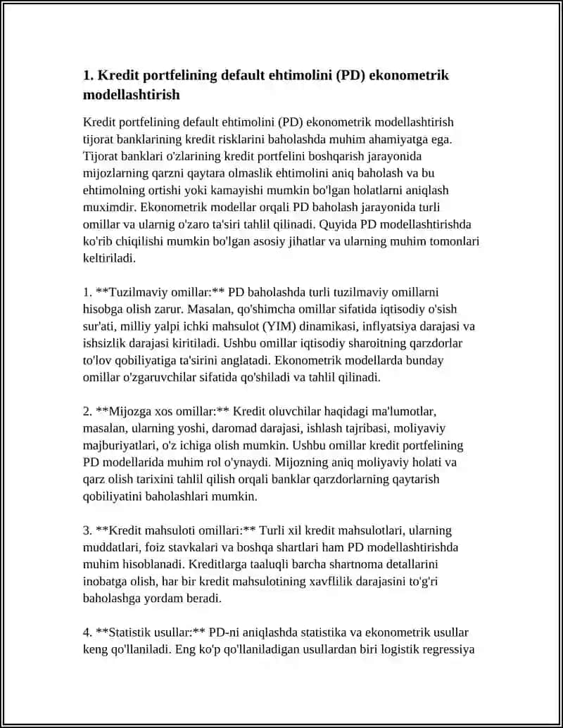Kredit portfelining default ehtimolini (PD) ekonometrik modellashtirish 3