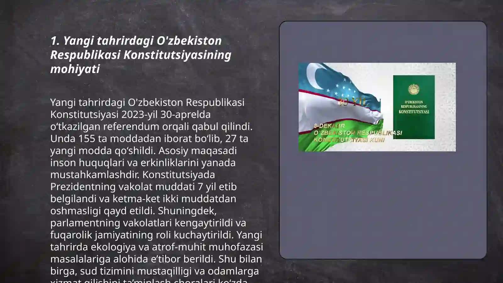 Yangi tahrirdagi O'zbekiston Respublikasi konstitutsiyasining qabul qilinishi. Konstitutsiya va davlat konstitutsiyasining asosiy prinsplari va xususiyatlari 3