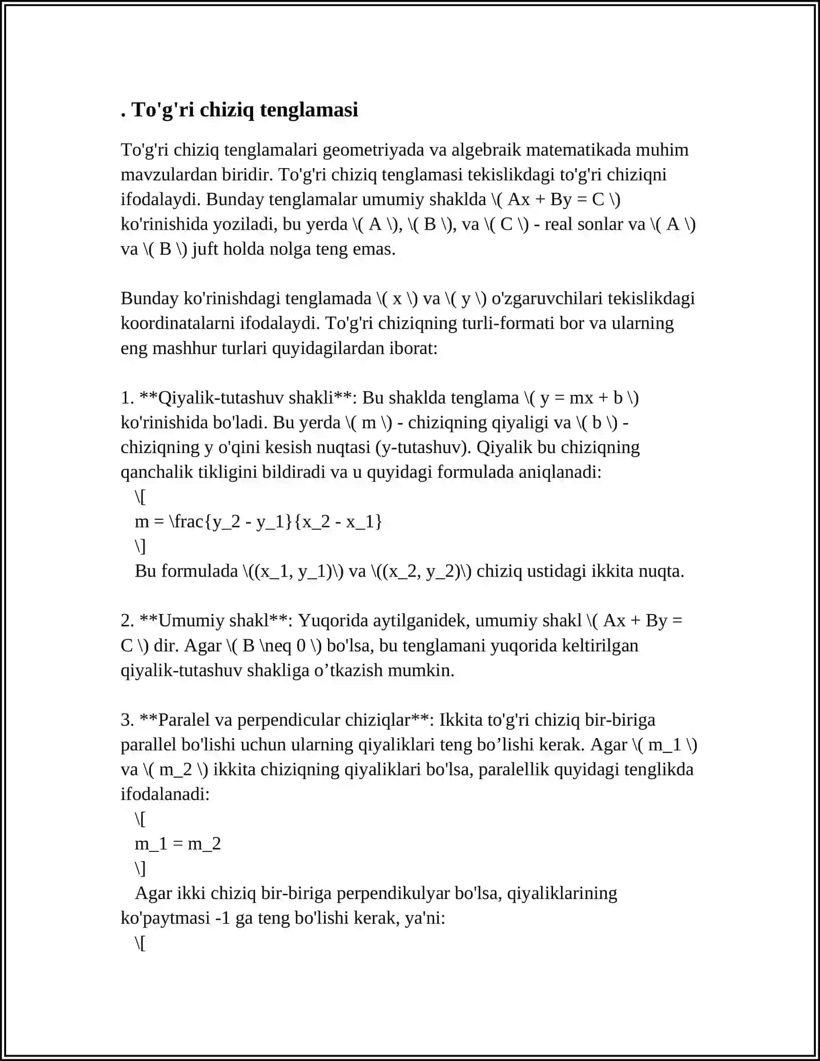 TO'G'RI CHIZIQLARNING PARALLEL VA PERPENDIKULYARLIK SHARTLARI 3
