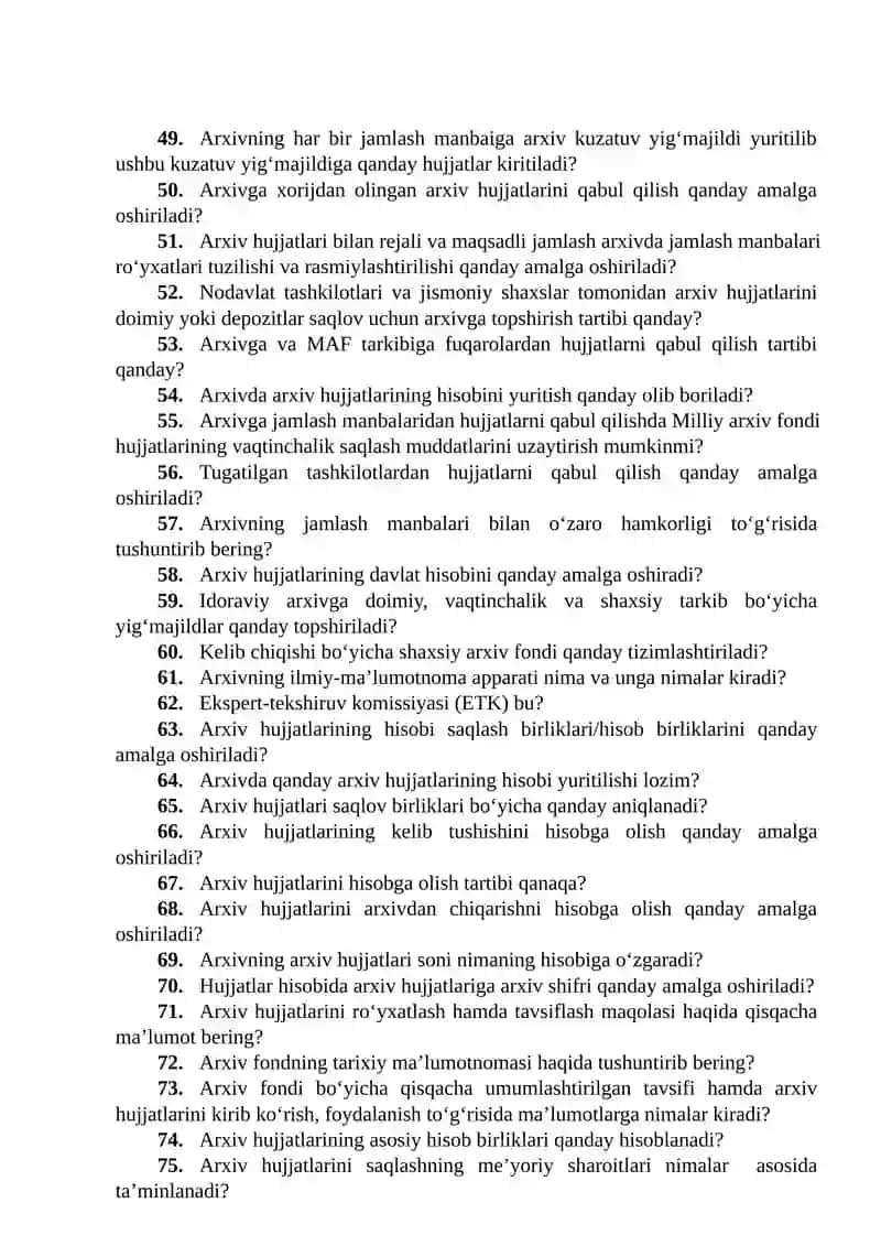 Davlat arxivlari rahbar va xodimlari attestatsiyadan oʻtkazish boʻyicha savollar toʻplami 3