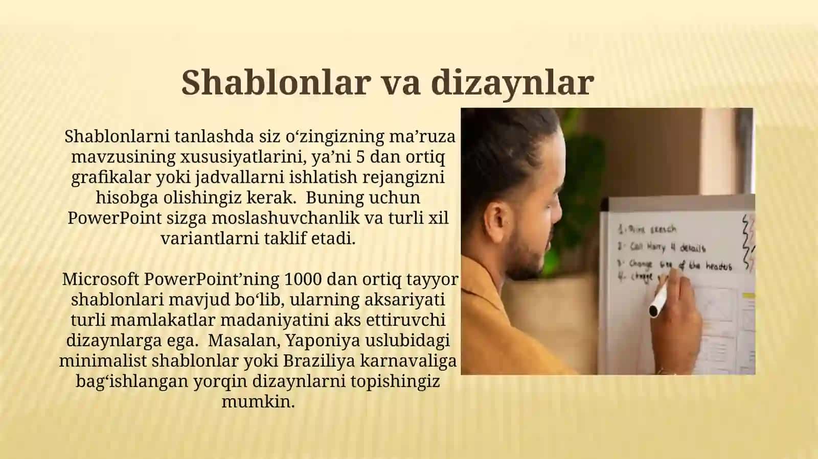 MS Power Pointning dasturiy taminoti va uning imkonyatlari. Prezintatsiya tayorlash usullari 3