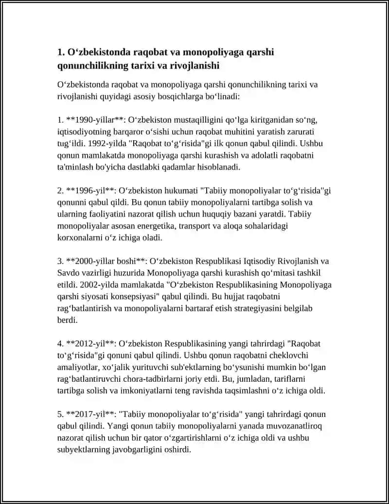 Oʻzbekistonda raqobat va monopoliyaga qarshi qonunchilikning tarixi va rivojlanishi 3
