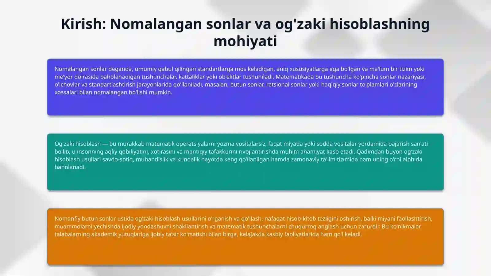 Nomanfiy butun sonlar ustida arifmetik amallar bajarishning ogʻzaki usullari 3